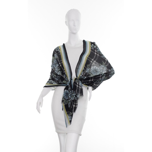 Florence Broadhurst Floral over Plaid Soft Twill Scarf : Navy : New w/ Tags - Picture 1 of 1